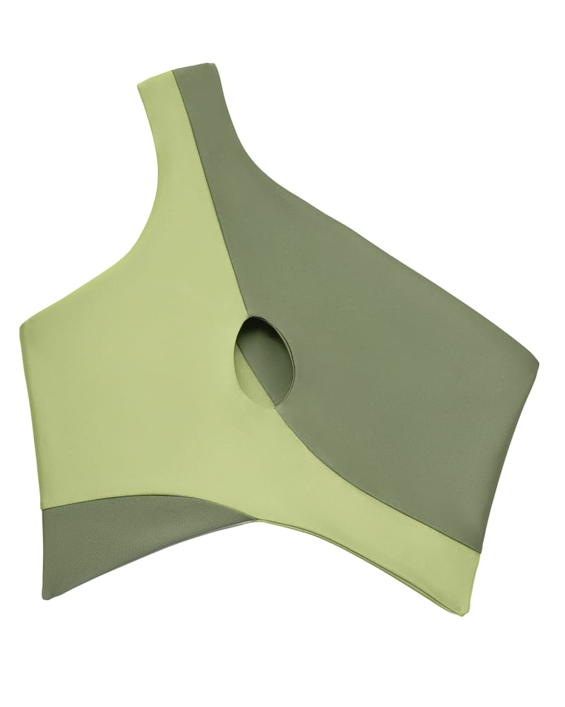 Front of a size 3X Two Tone One Shoulder Bikini Top in Green by Hilary MacMillan. | dia_product_style_image_id:296909